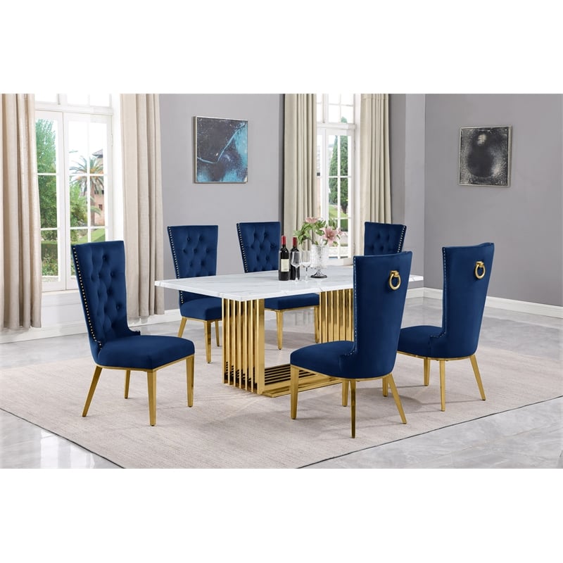 Best Quality Furniture White Marble Dining Set with Navy Blue Velvet Chairs