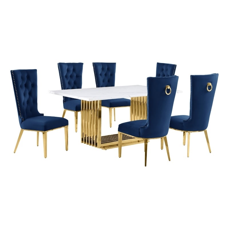 Best Quality Furniture White Marble Dining Set with Navy Blue Velvet Chairs