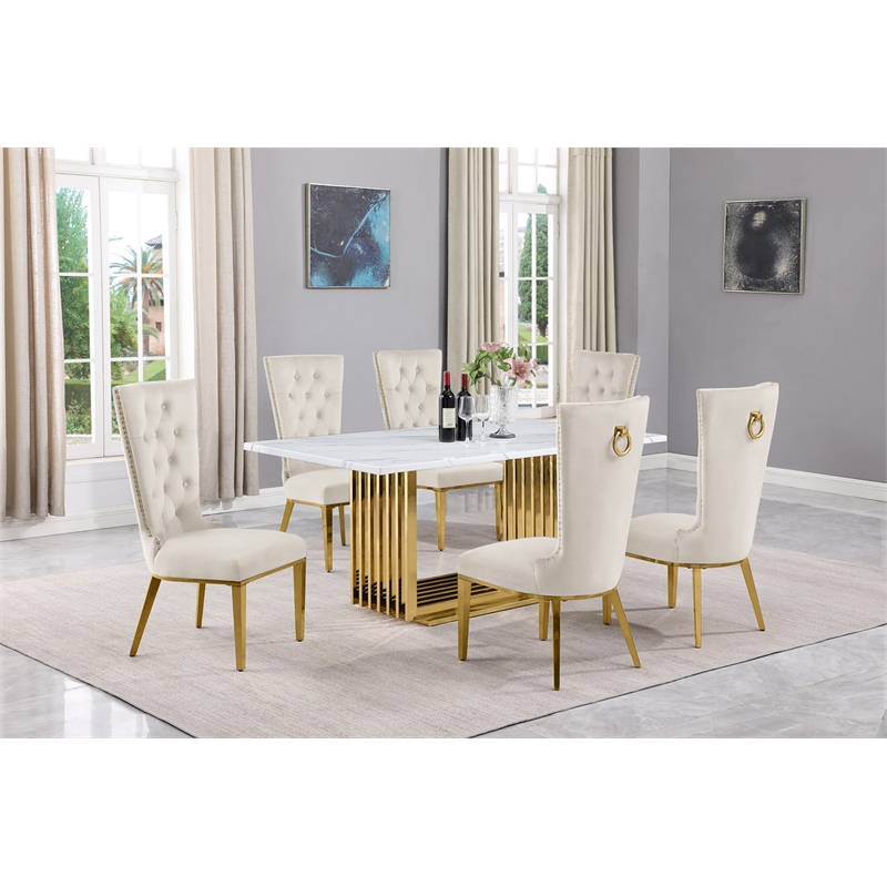 Best Quality Furniture White Marble Dining Set with Cream Velvet Chairs