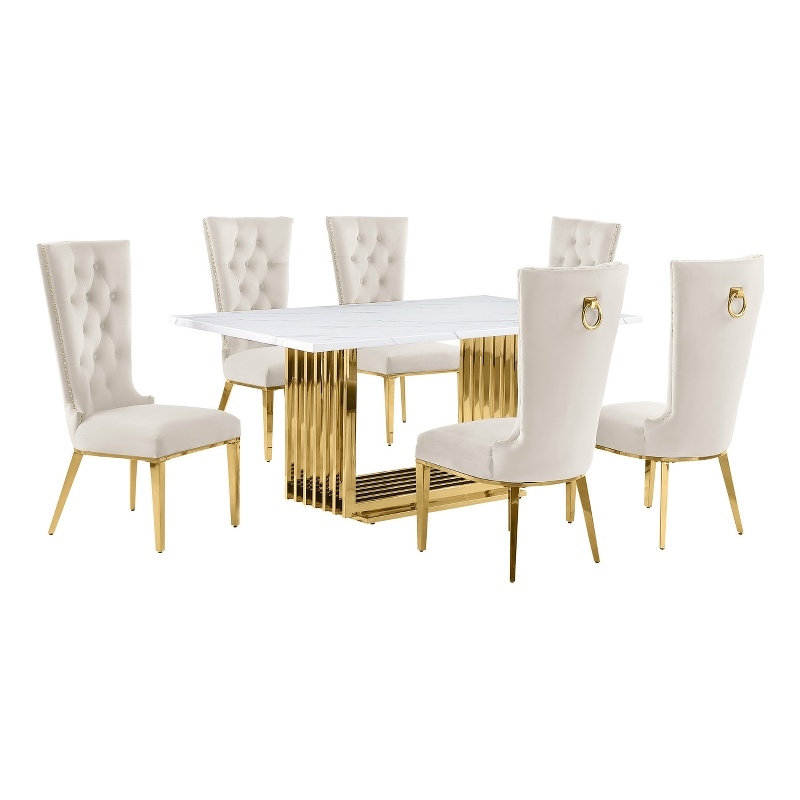 Best Quality Furniture White Marble Dining Set with Cream Velvet Chairs