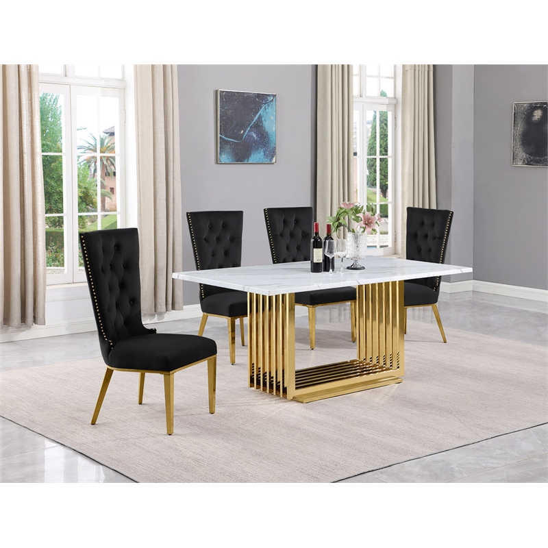 Best Quality Furniture White Marble Dining Set with Black Velvet Chairs