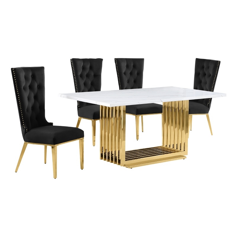 Best Quality Furniture White Marble Dining Set with Black Velvet Chairs