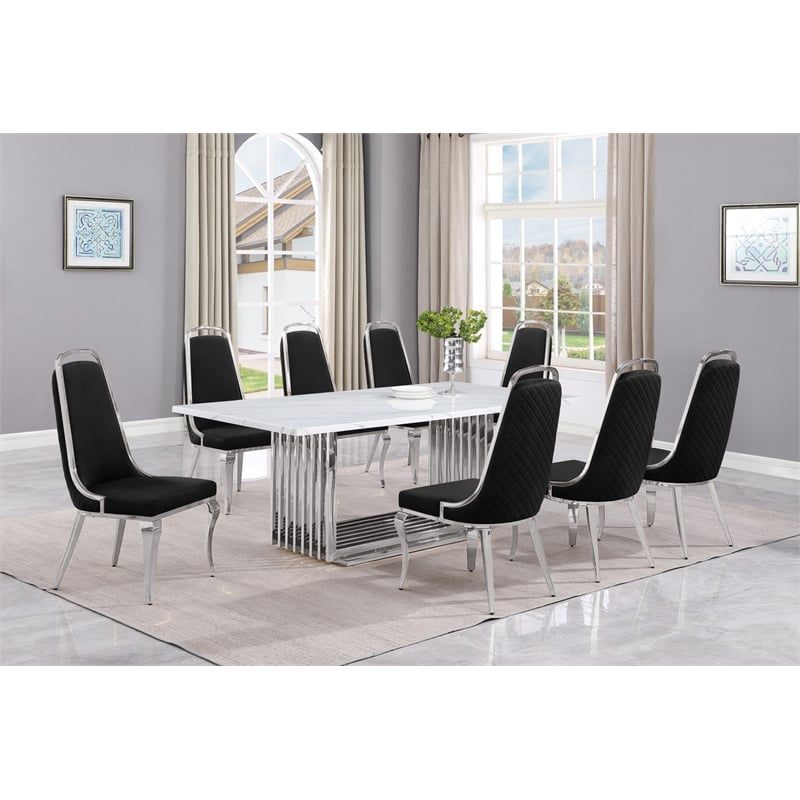 Best Quality Furniture 9-Piece Marble & Velvet Dining Set in White and Black