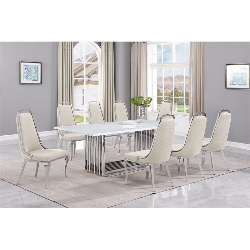 Best Quality Furniture 9-Piece Velvet & Marble Dining Set in Cream/White