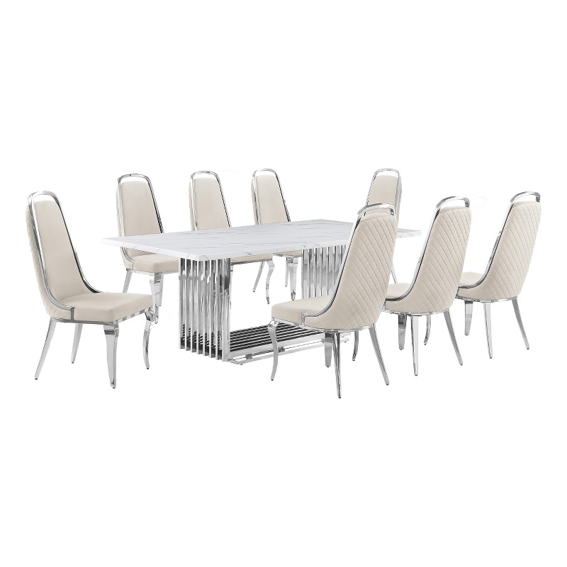 Best Quality Furniture 9-Piece Velvet & Marble Dining Set in Cream/White