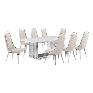 Best Quality Furniture 9-Piece Velvet & Marble Dining Set in Cream/White