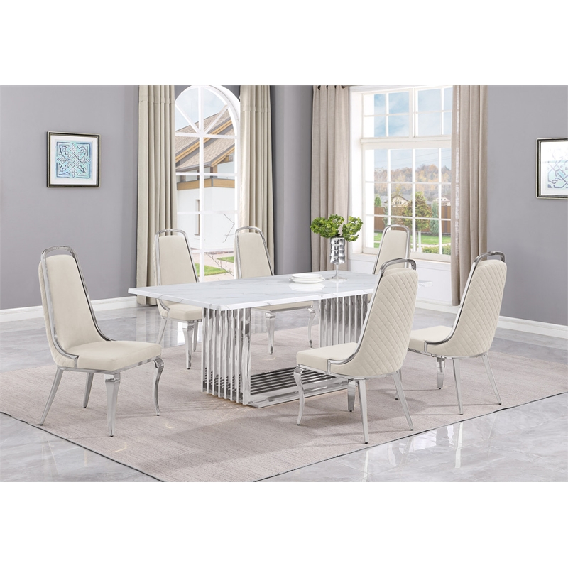 Best Quality Furniture 7-Piece Marble & Velvet Dining Set in White/Cream