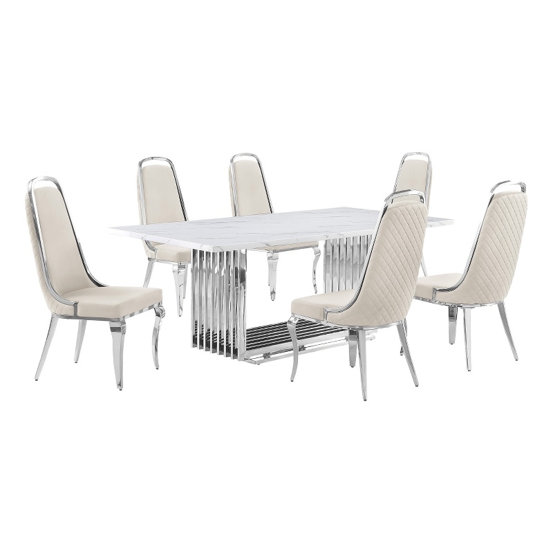 Best Quality Furniture 7-Piece Marble & Velvet Dining Set in White/Cream