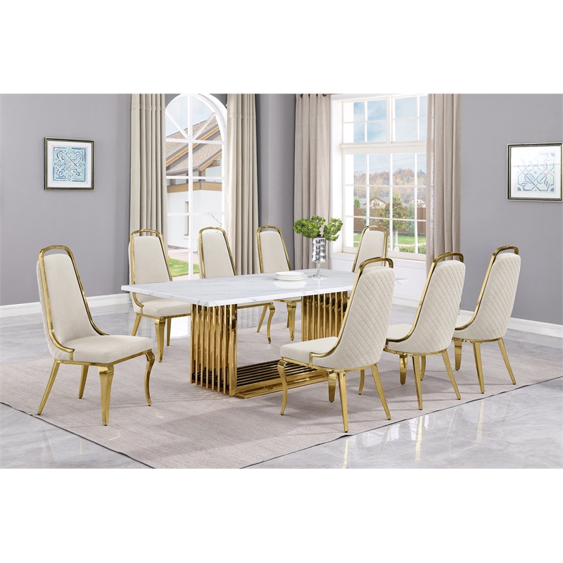 Best Quality Furniture 9-Piece Velvet & Marble Dining Set in Cream/White/Gold