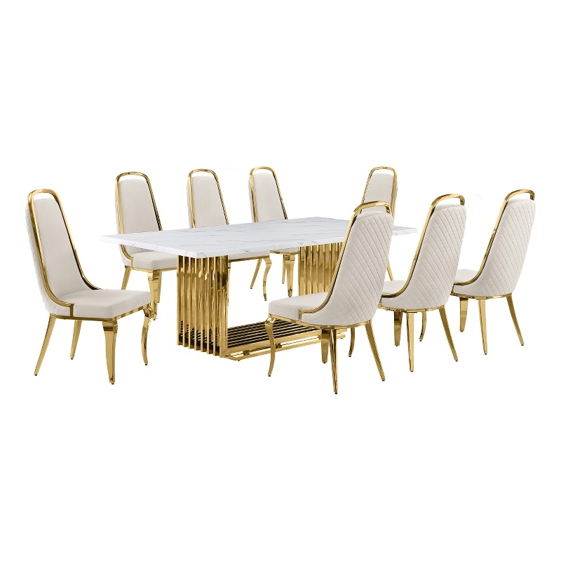 Best Quality Furniture 9-Piece Velvet & Marble Dining Set in Cream/White/Gold