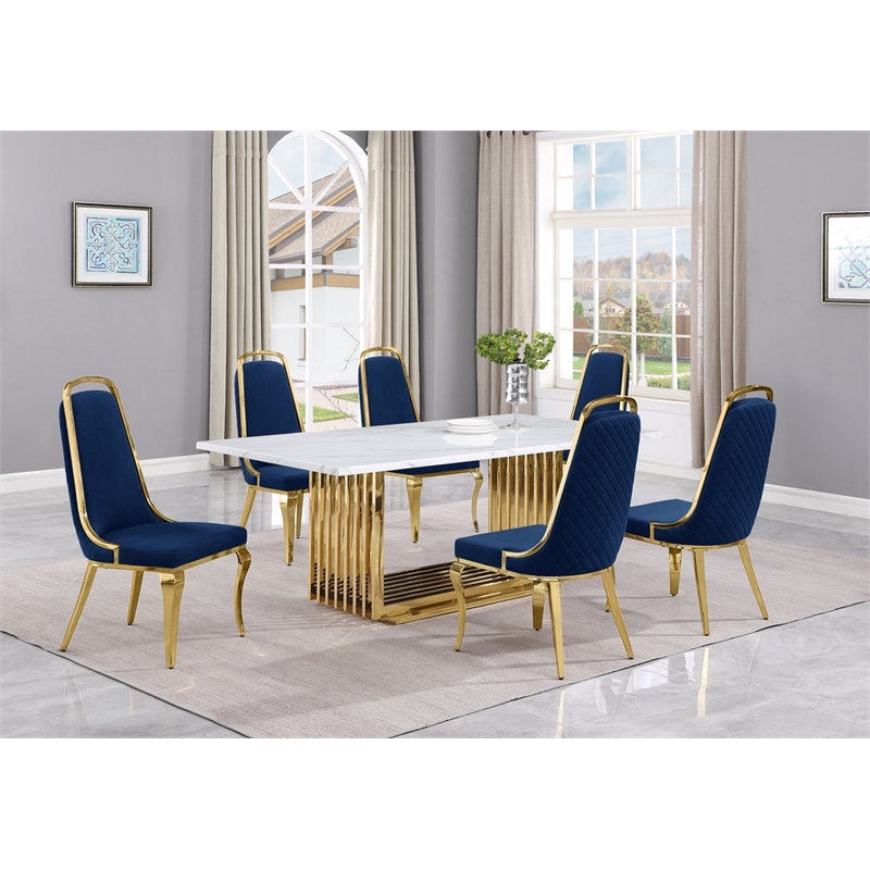 Best Quality Furniture 7-Piece Marble & Velvet Dining Set in White and Navy Blue