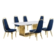 Best Quality Furniture 7-Piece Marble & Velvet Dining Set in White and Navy Blue