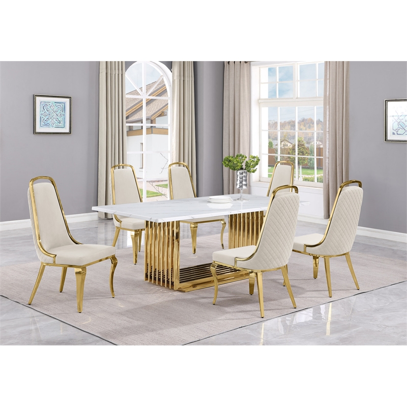 Best Quality Furniture 7-Piece Velvet & Marble Dining Set in Cream/White