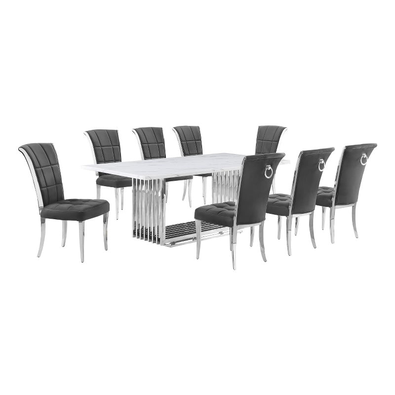Best Quality Furniture 9-Piece Marble & Velvet Dining Set in White and Dark Gray