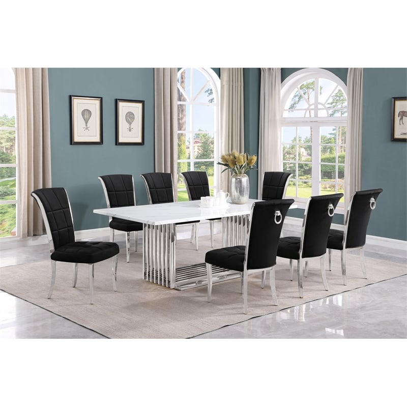 Best Quality Furniture 9-Piece Velvet & Marble Dining Set in Black/White