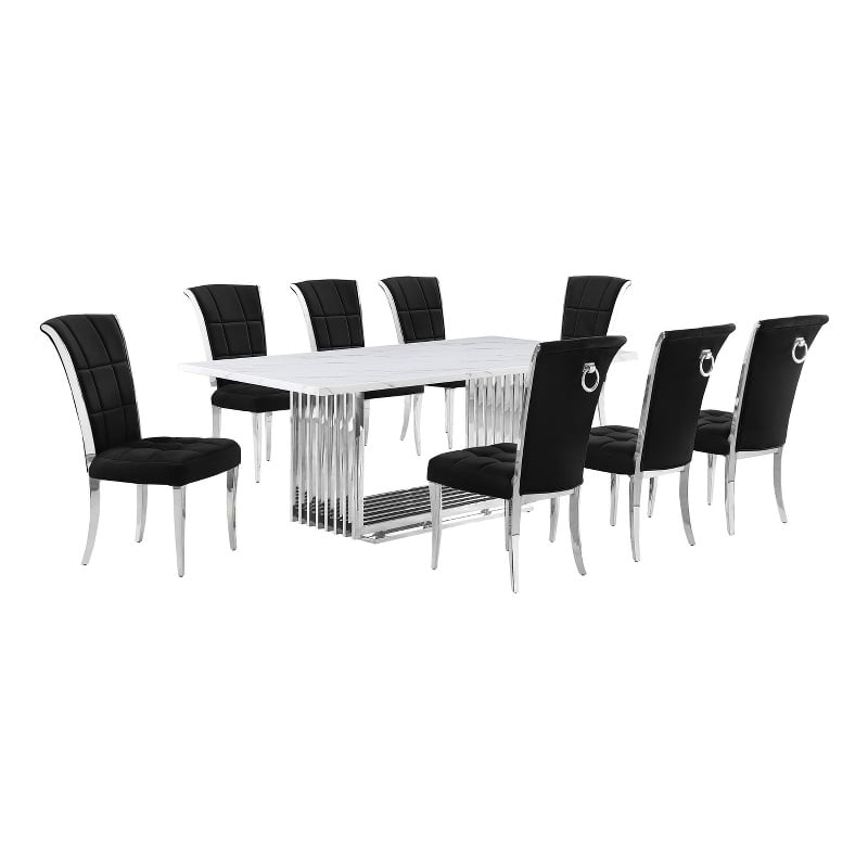 Best Quality Furniture 9-Piece Velvet & Marble Dining Set in Black/White