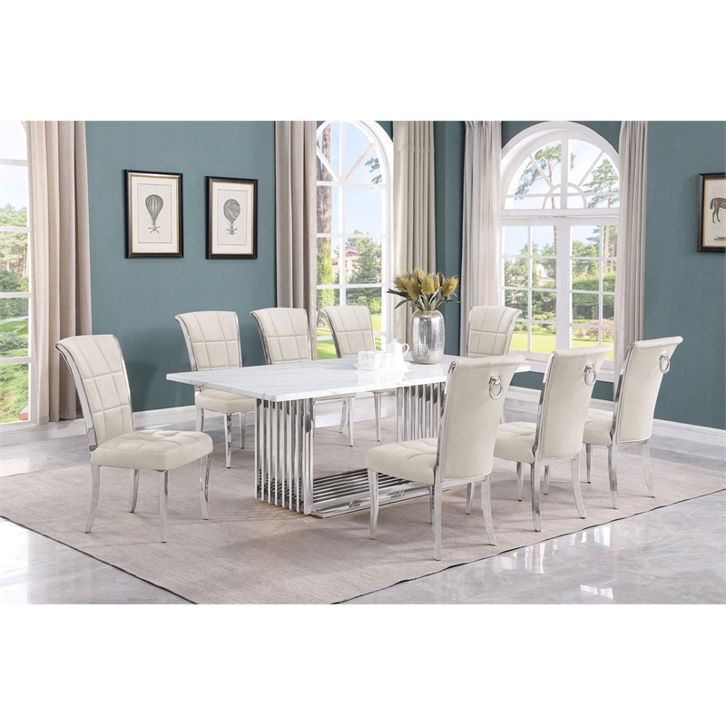 Best Quality Furniture 9-Piece Velvet & Marble Dining Set in Cream and White