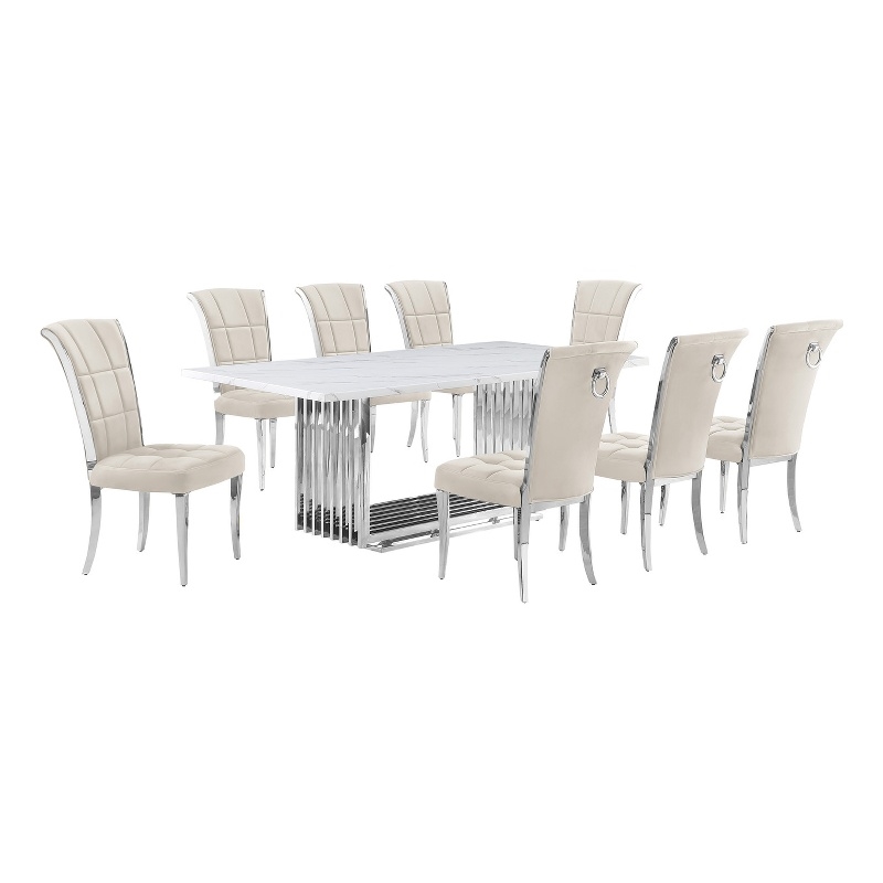 Best Quality Furniture 9-Piece Velvet & Marble Dining Set in Cream and White