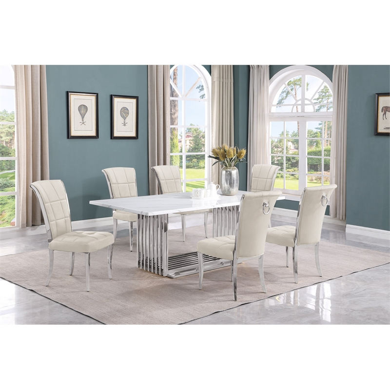 Best Quality Furniture 7-Piece Marble & Velvet Dining Set in White/Cream