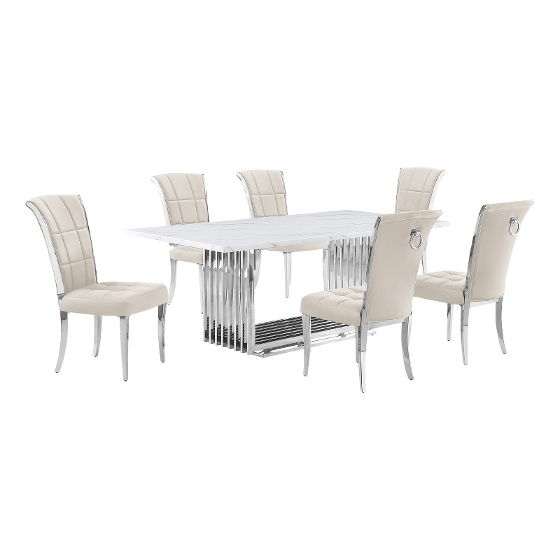 Best Quality Furniture 7-Piece Marble & Velvet Dining Set in White/Cream