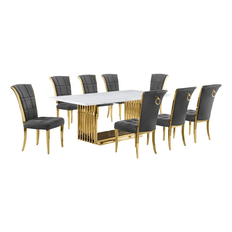 Best Quality Furniture 9-Piece Velvet & Marble Dining Set in Gold/Gray/White
