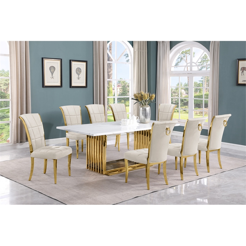 Best Quality Furniture 9-Piece Velvet & Marble Dining Set in Gold/Cream/White