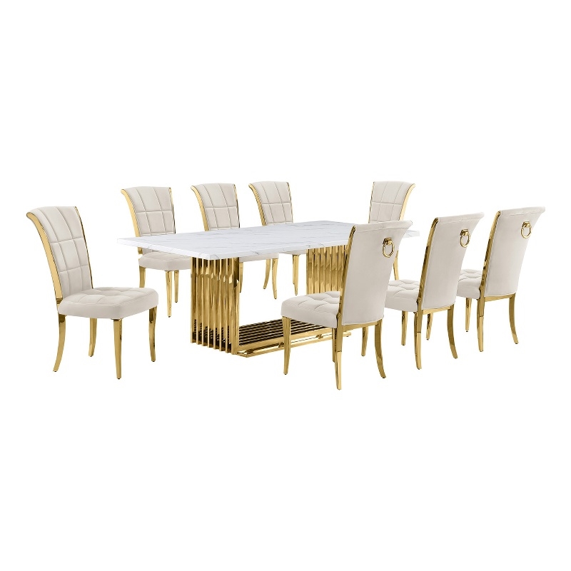Best Quality Furniture 9-Piece Velvet & Marble Dining Set in Gold/Cream/White