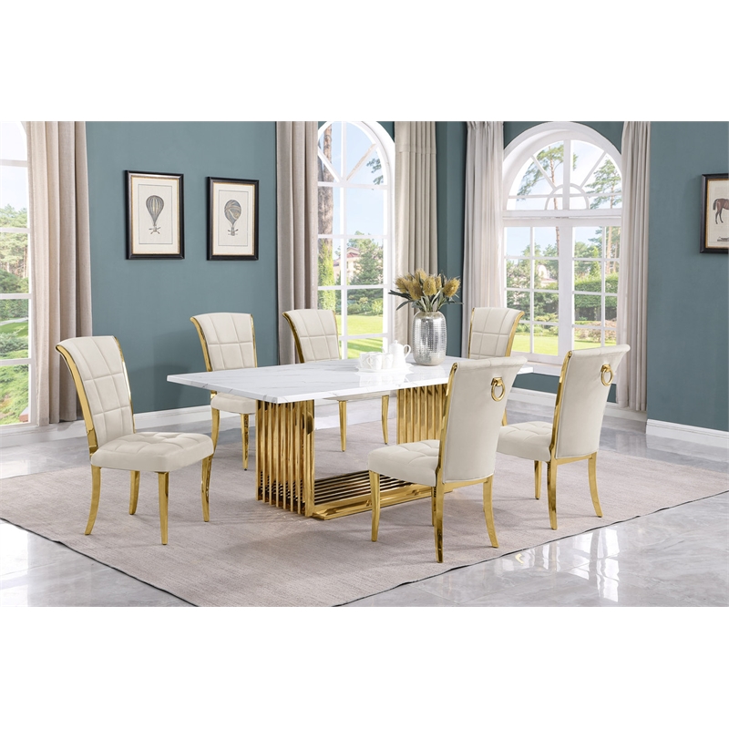 Best Quality Furniture 7-Piece Marble & Velvet Dining Set in White and Cream