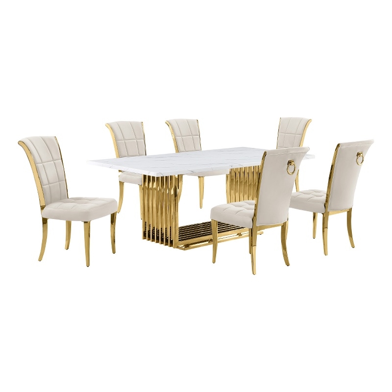 Best Quality Furniture 7-Piece Marble & Velvet Dining Set in White and Cream