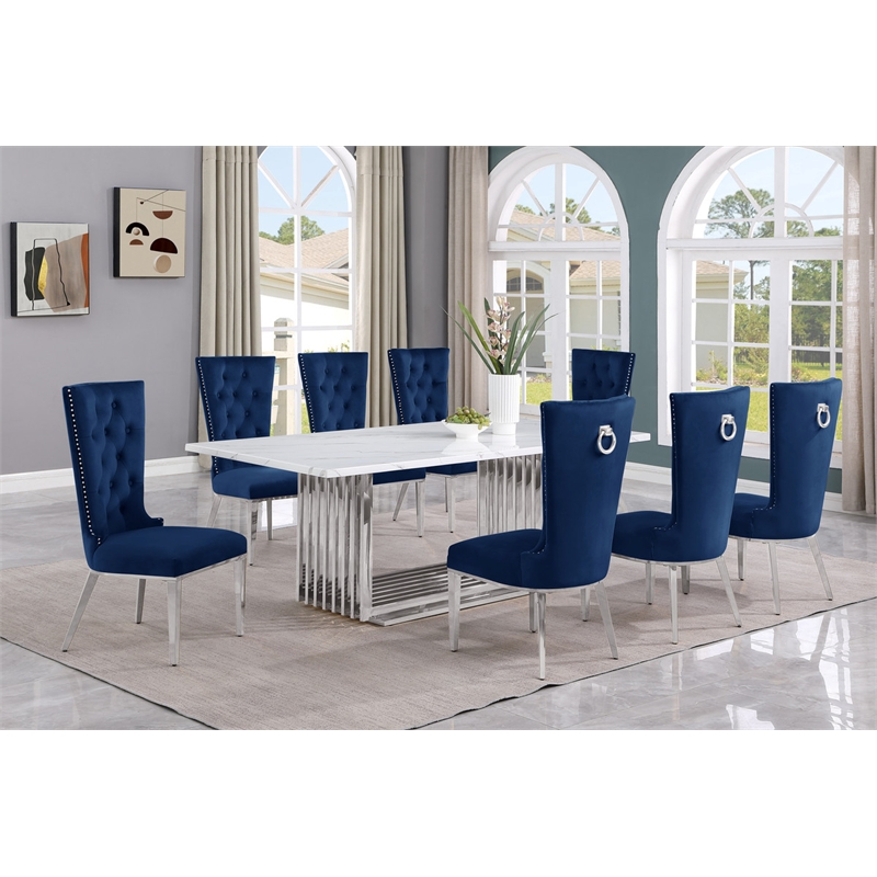 Best Quality Furniture 9-Piece Marble & Steel Dining Set in White/Silver/Navy