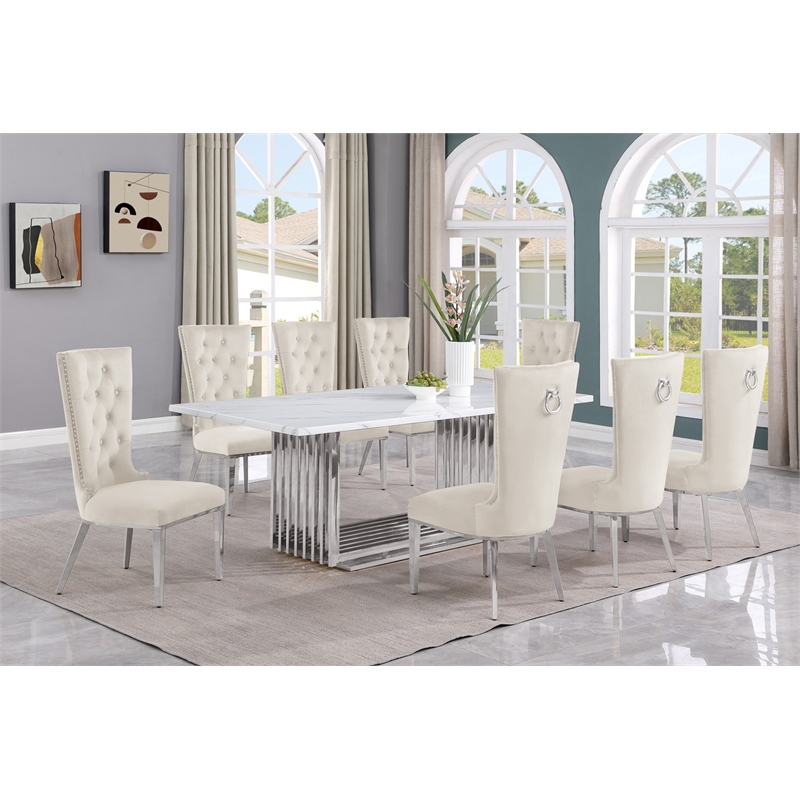Best Quality Furniture 9-Piece Steel & Marble Dining Set in Silver/White/Cream
