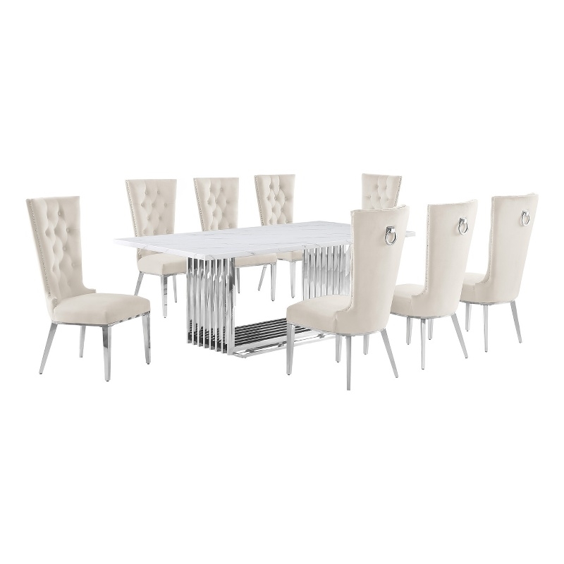 Best Quality Furniture 9-Piece Steel & Marble Dining Set in Silver/White/Cream