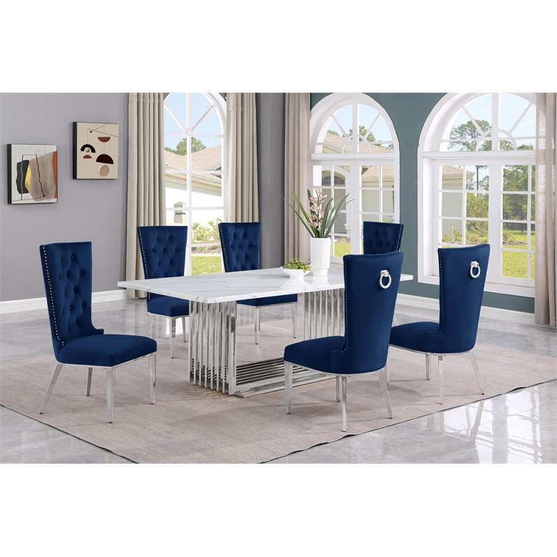 Best Quality Furniture 7-Piece Velvet & Marble Dining Set in Navy Blue/White