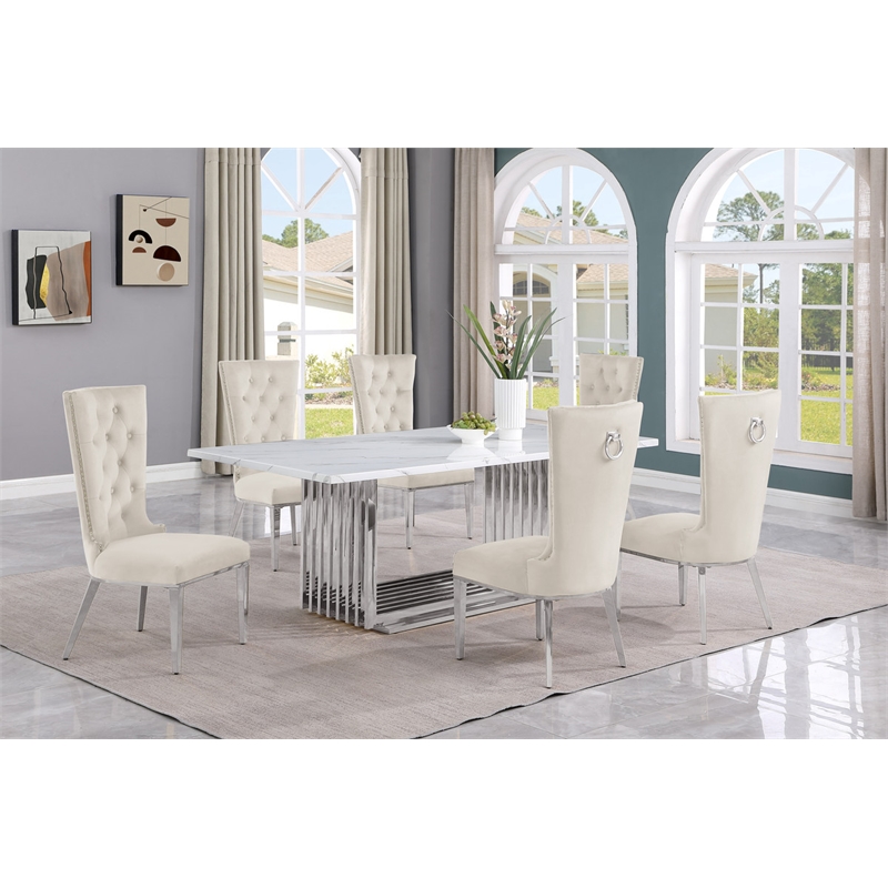 Best Quality Furniture 7-Piece Marble & Velvet Dining Set in White and Cream