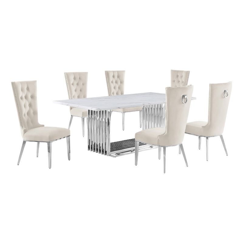 Best Quality Furniture 7-Piece Marble & Velvet Dining Set in White and Cream