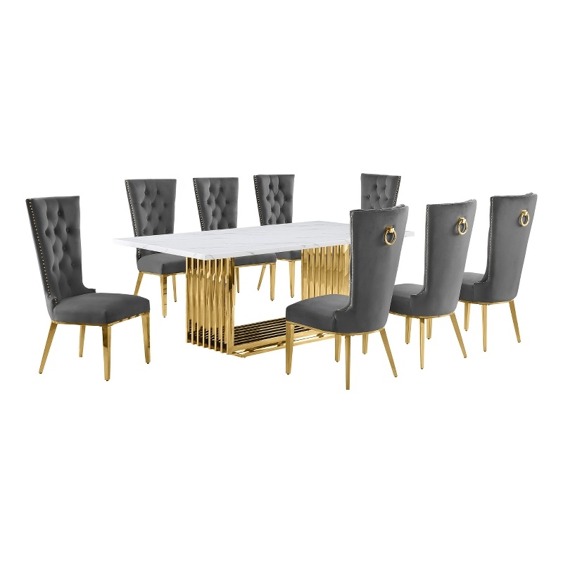 Best Quality Furniture 9-Piece Velvet & Marble Dining Set in Gray/Gold/White