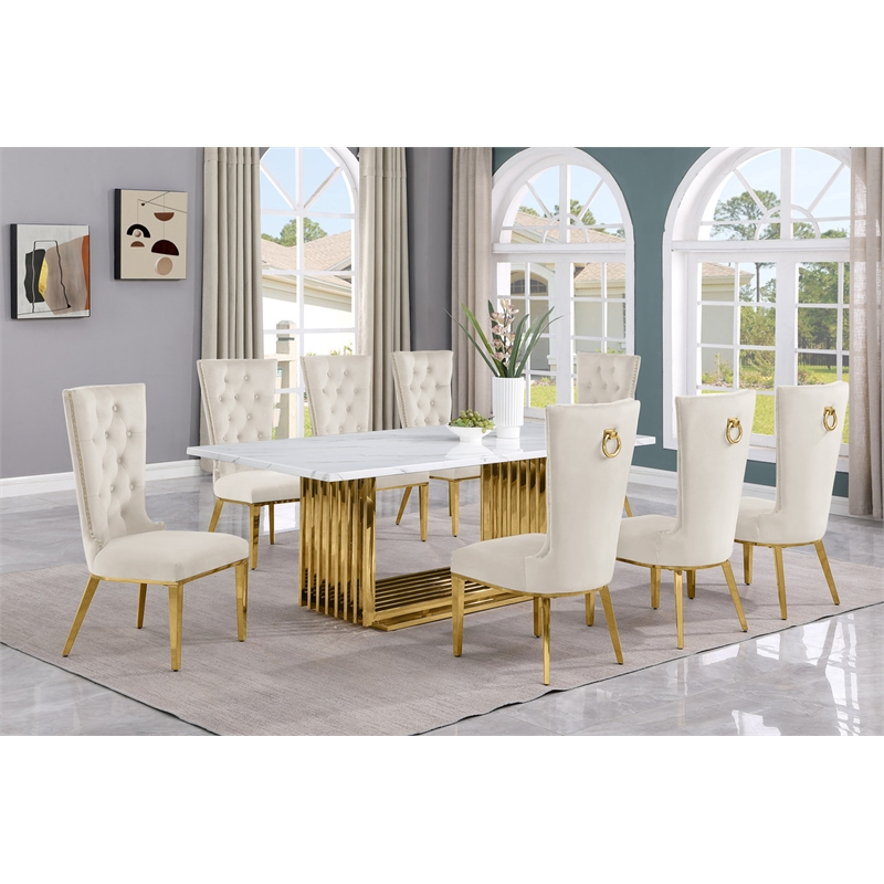 Best Quality Furniture 9-Piece Velvet & Marble Dining Set in Cream/Gold/White