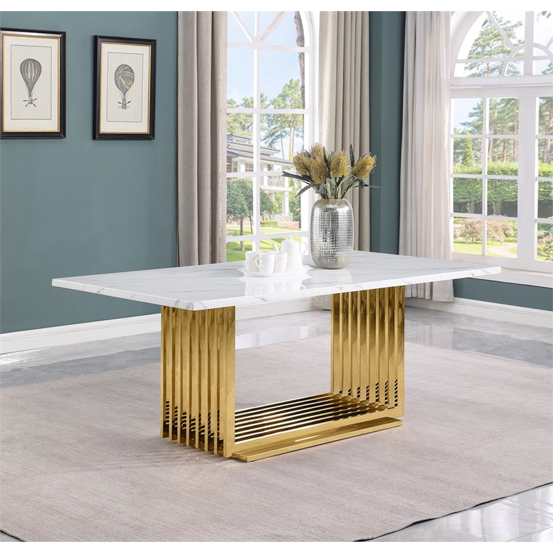 Best Quality Furniture 9-Piece Velvet & Marble Dining Set in Cream/Gold/White