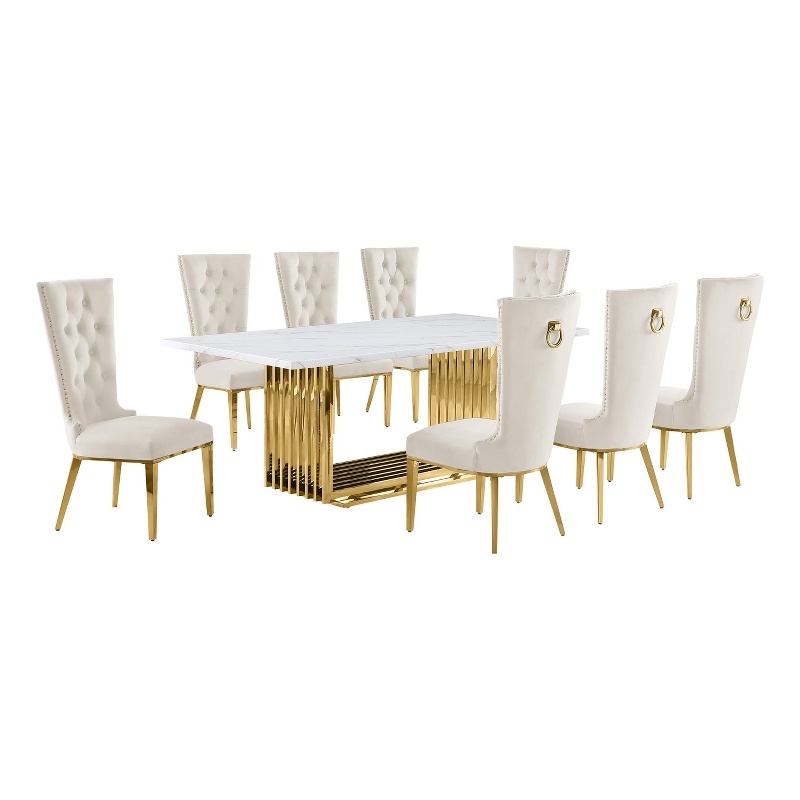 Best Quality Furniture 9-Piece Velvet & Marble Dining Set in Cream/Gold/White