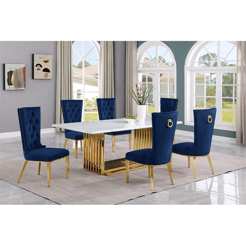 Best Quality Furniture 7-Piece Velvet & Marble Dining Set in Navy Blue/White