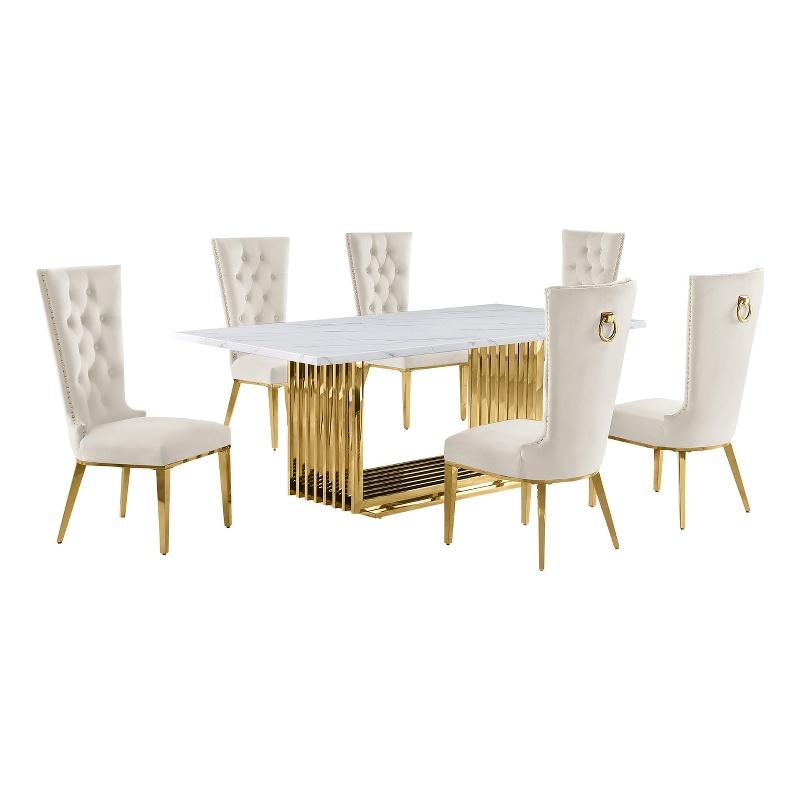 Best Quality Furniture 7-Piece Velvet & Marble Dining Set in Cream/White