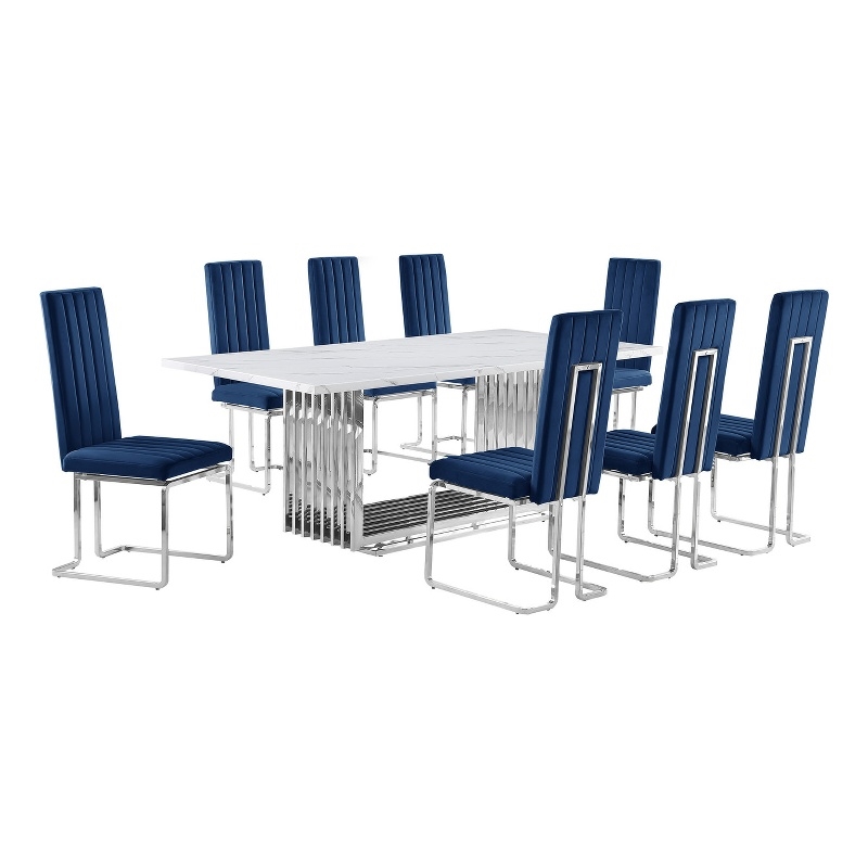 Best Quality Furniture 9-Piece Velvet & Marble Dining Set in Navy Blue and White