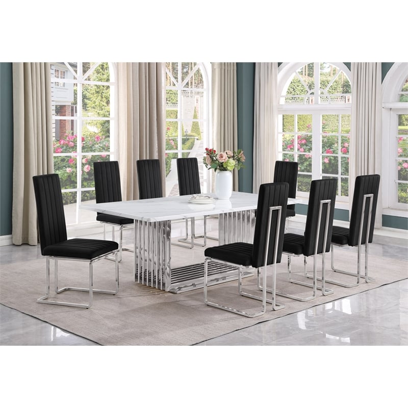 Best Quality Furniture 9-Piece Steel & Marble Dining Set in Silver/Black/White
