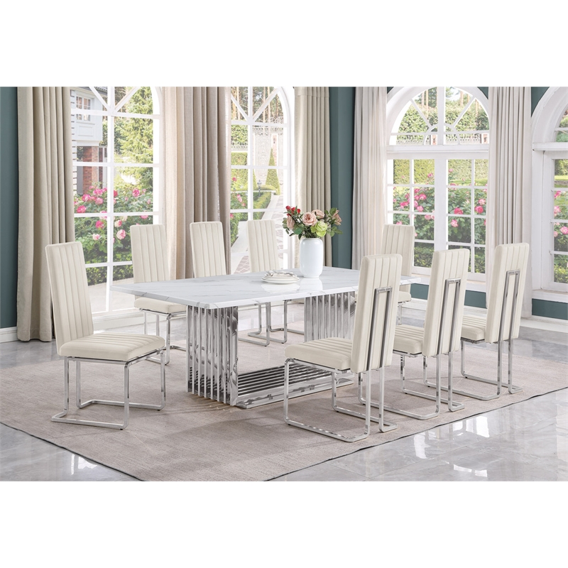 Best Quality Furniture 9-Piece Marble & Steel Dining Set in White/Cream/Silver