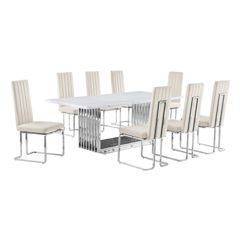 Best Quality Furniture 9-Piece Marble & Steel Dining Set in White/Cream/Silver