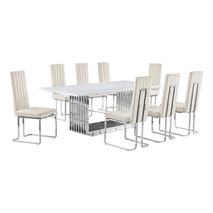 Best Quality Furniture 9-Piece Marble & Steel Dining Set in White/Cream/Silver