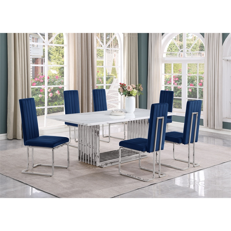 Best Quality Furniture 7-Piece Marble & Velvet Dining Set in White and Navy Blue