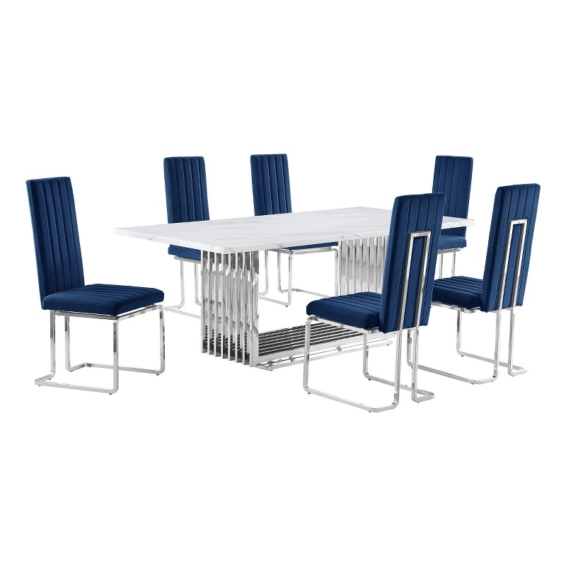 Best Quality Furniture 7-Piece Marble & Velvet Dining Set in White and Navy Blue
