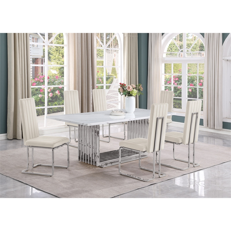 Best Quality Furniture 7-Piece Velvet & Marble Dining Set in Cream and White