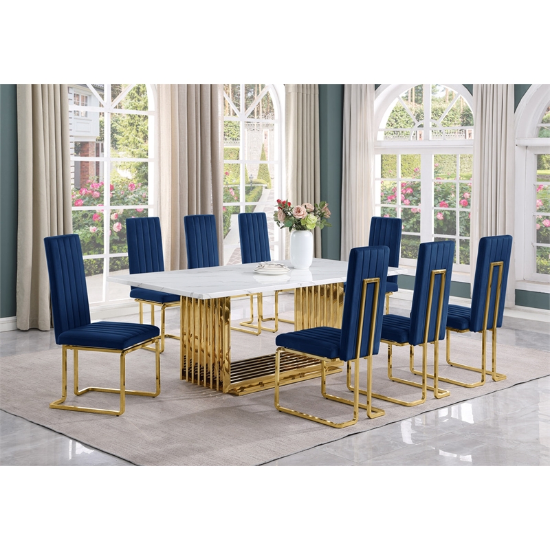 Best Quality Furniture 9-Piece Steel & Marble Dining Set in Navy/Gold/White